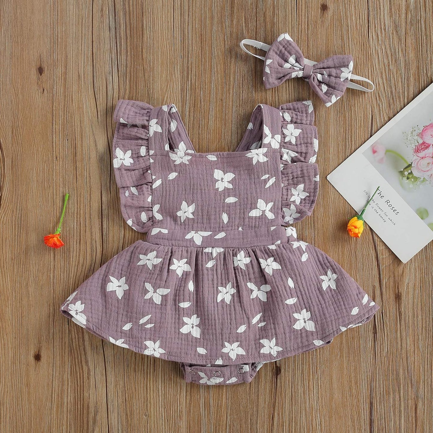 Baby Girls Daisy Playsuits Ruffled Bodysuit+Headband Print Fly Sleeve Romper Floral Jumpsuit Infant Summer Clothes